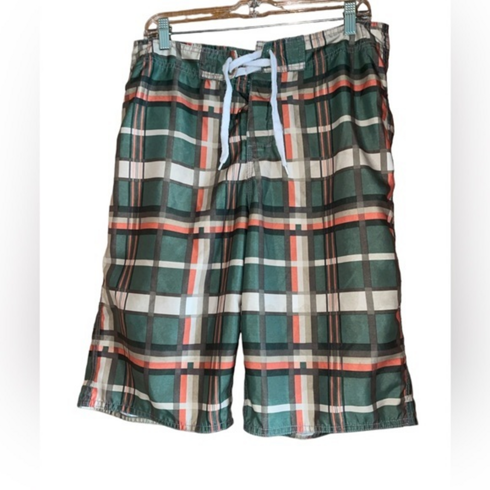 Jimmy’Z Brand Vintage Board Shorts‎ Green Tan Plaid Size 32 Skater Streetwear